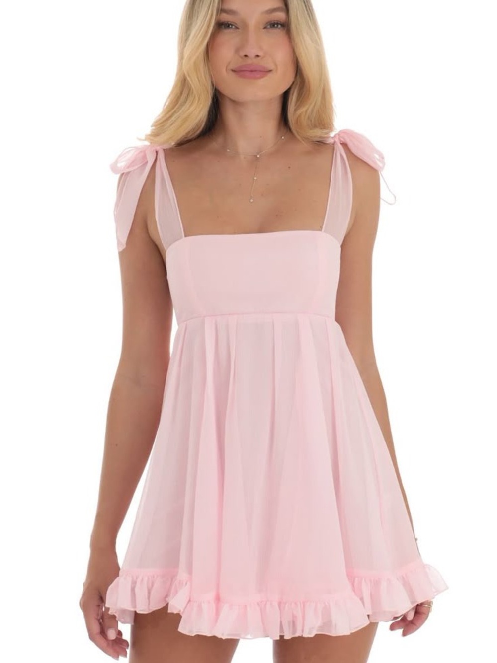 Lucy in the Sky Light Pink Tie-Shoulder Ruffle Dress
